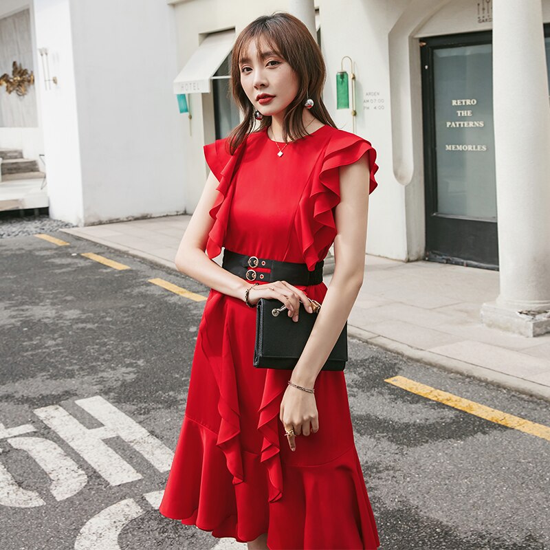 YIGELILA automne nouveautés robe rouge col rond sans manches de robe de fête de mariage genou-longueur à volants manches robe 65374