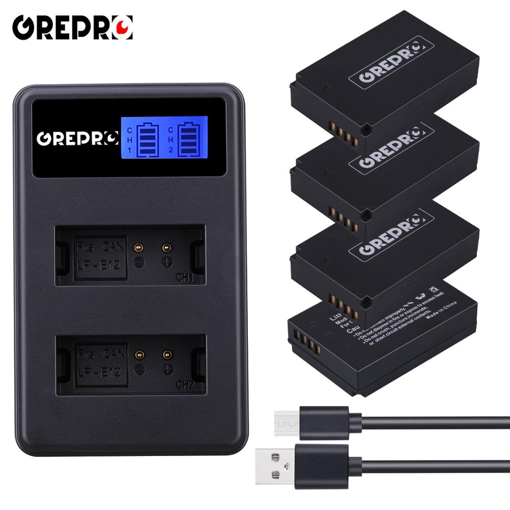 2 stuks 1200 mah lp -e12 lp e12 lpe 12 li- ion batterij + lcd usb dubbele oplader voor canon eos  m50,  eos  m100,100d kiss  x7 rebel  sl1 camera: Set van 4 stuks