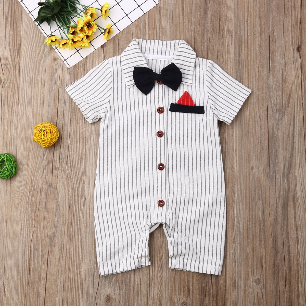 baby sommer klær spedbarn baby gutt formell fest bryllup sløyfe romper herre kortermet jumpsuit stripete klær: Hvit / 3m