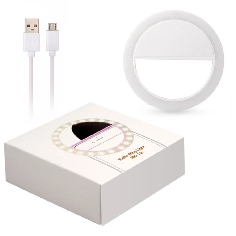 Auto-temporizador recarregável led anel de luz flash braçadeira usb de carregamento para iphone samsung xiaomi sony telefones celulares: WHITE