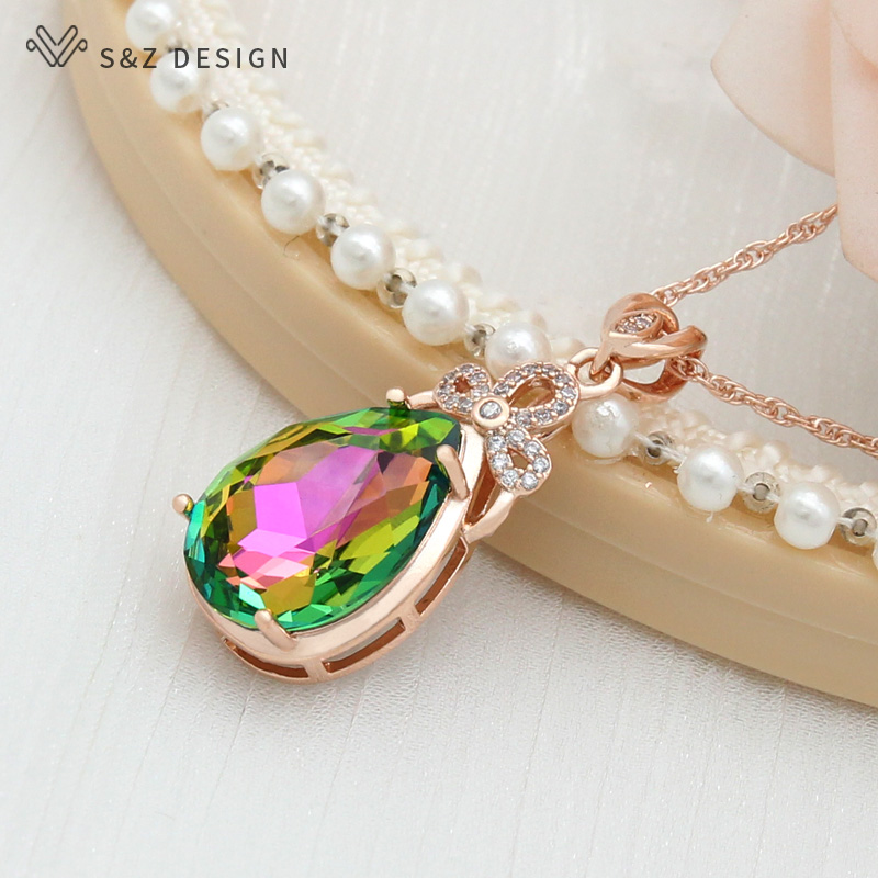 S & Z uco-Collier pendentif goutte d'eau en cristal coloré pour femme, or rose 585, bijoux de mariage,: Imitation plaquée rhodium