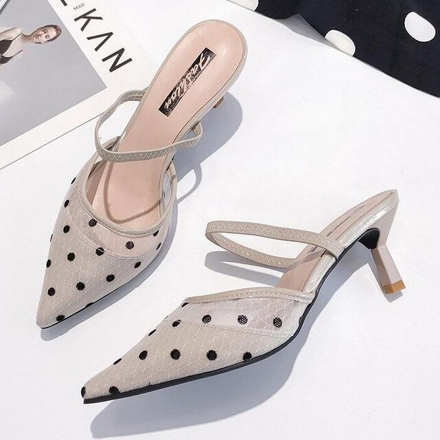 Sandalias de lunares nuevos para mujer, zapatos de tacón alto con puntera puntiaguda, de encaje, Estilo Vintage geométrico, E485,: Beige / 39