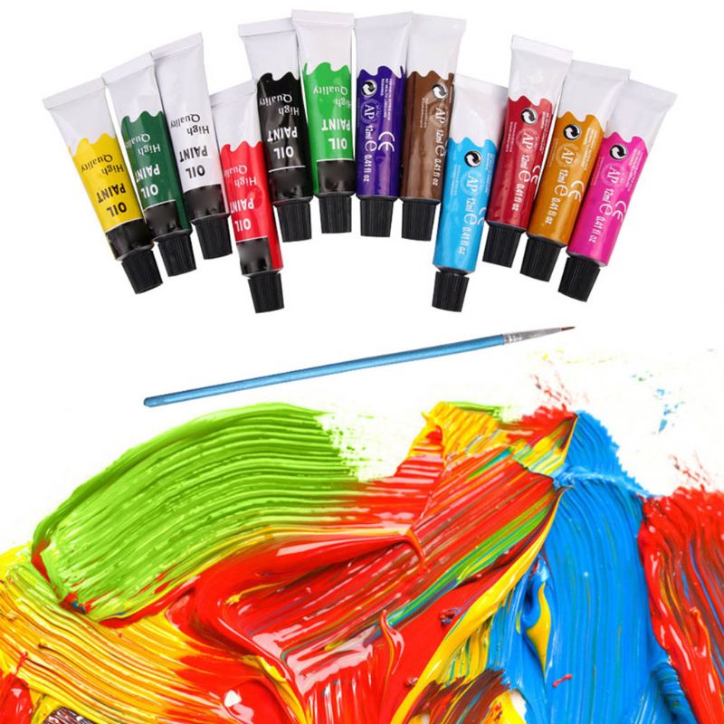 12 Colors Oil Painting Paint Drawing Pigment 12ml Tubes with Brush Set Artist Art Supplies for Beginner