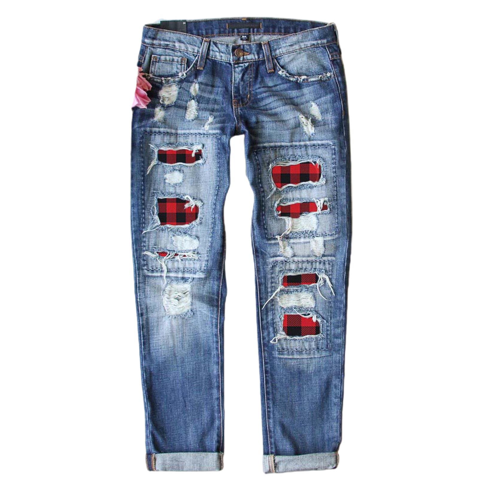 Comfortable Casual Zipper Women Ripped Hole Plaid Patch Patchwork Long Jeans Trousers Pants