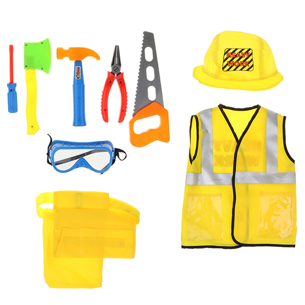 Kids Role Play Costume Set - 9Piece Construction Worker Kids, Builder Dress Up Kit with Hat, Tool Belt, Vest & Repair Tool Kit