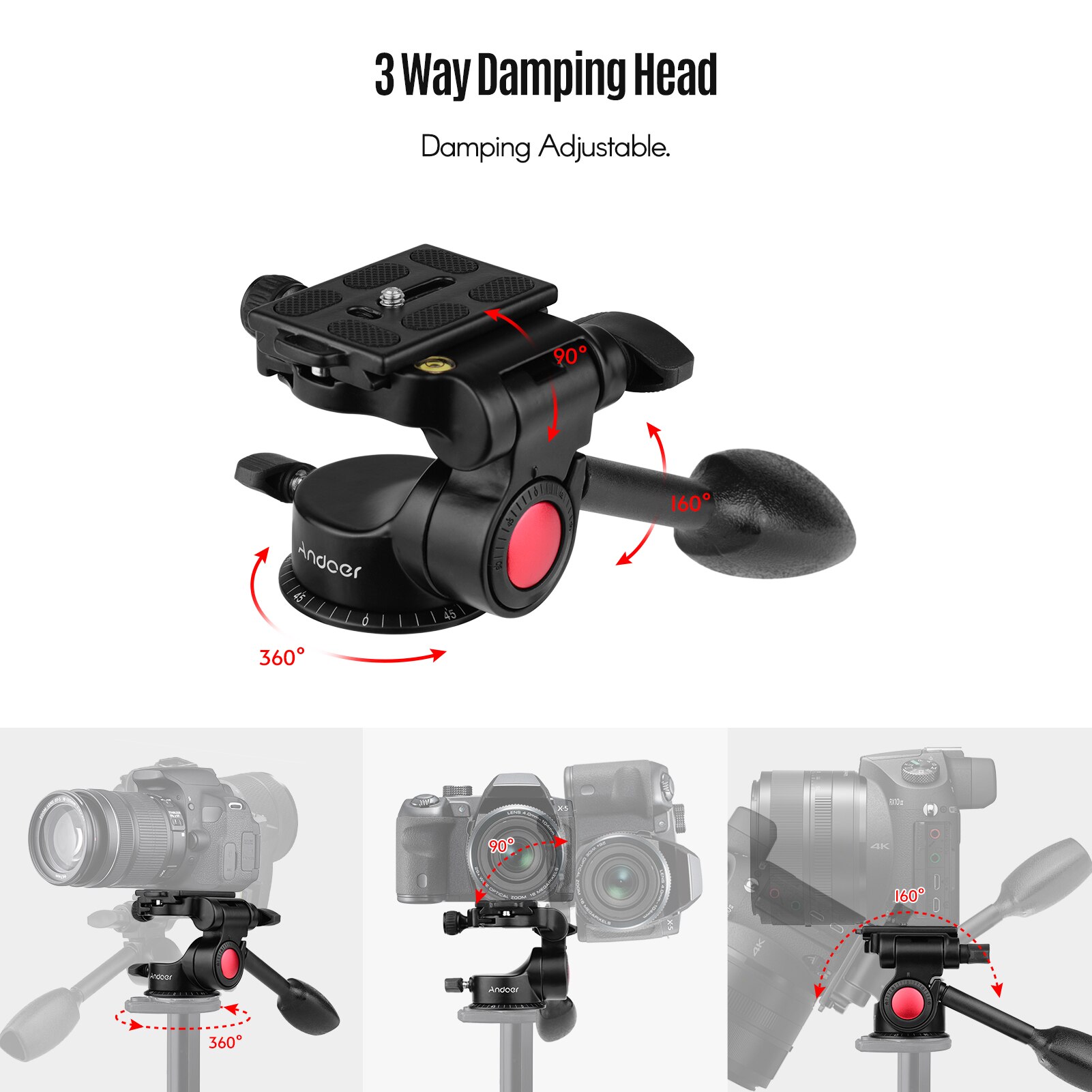 Tripé de câmera andoer de 162cm, tripé de liga de alumínio + cabeça de tripé de 3 vias para câmeras dslr ildc com carga máxima de 8kg