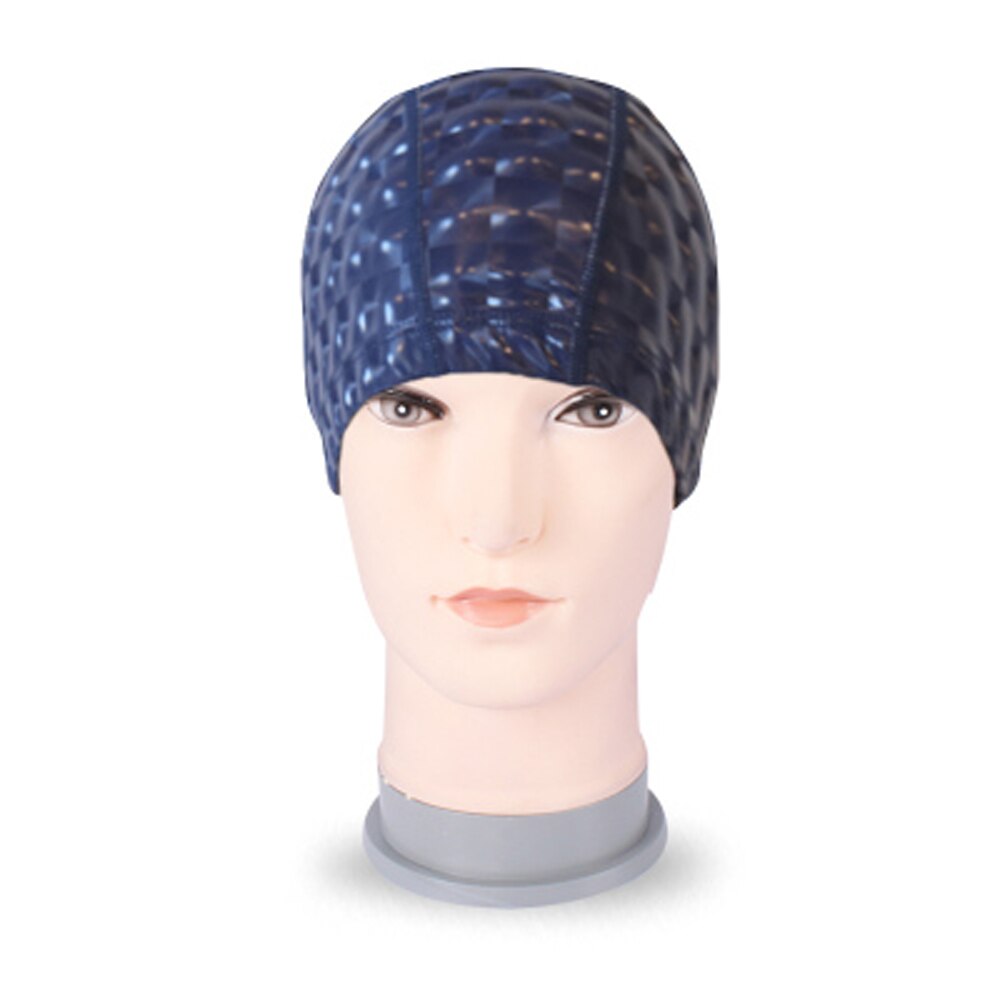 Mannen &amp; Vrouwen Gratis grootte Elastische Waterdichte PU Badmuts Stof Beschermen Oren Lange Haar Sport Zwemmen Zwembad Hoed Duiken badmuts: Navy Blue
