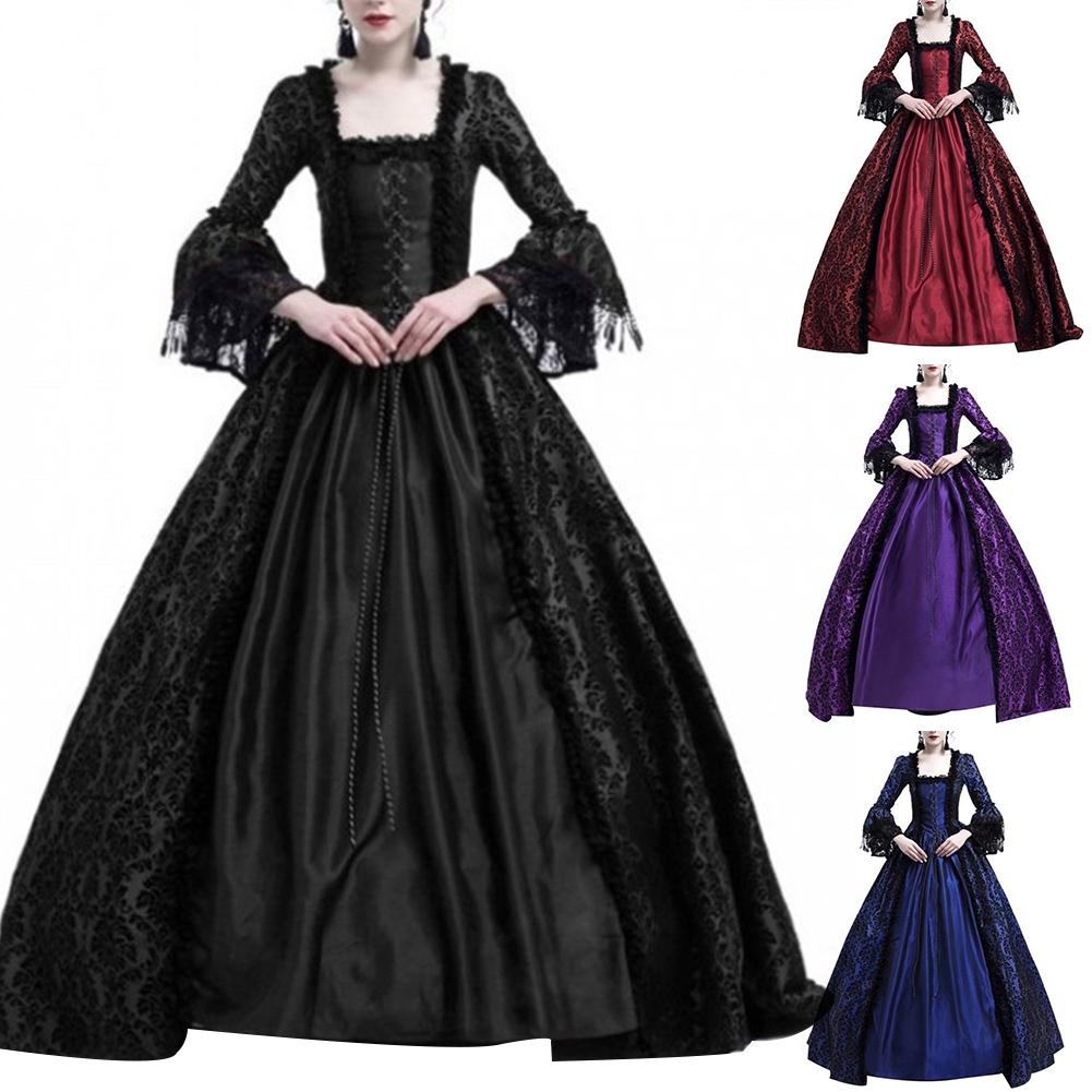 Medieval Renaissance Queen Ball Gown Bell Sleeve Maxi Dress Halloween Costume
