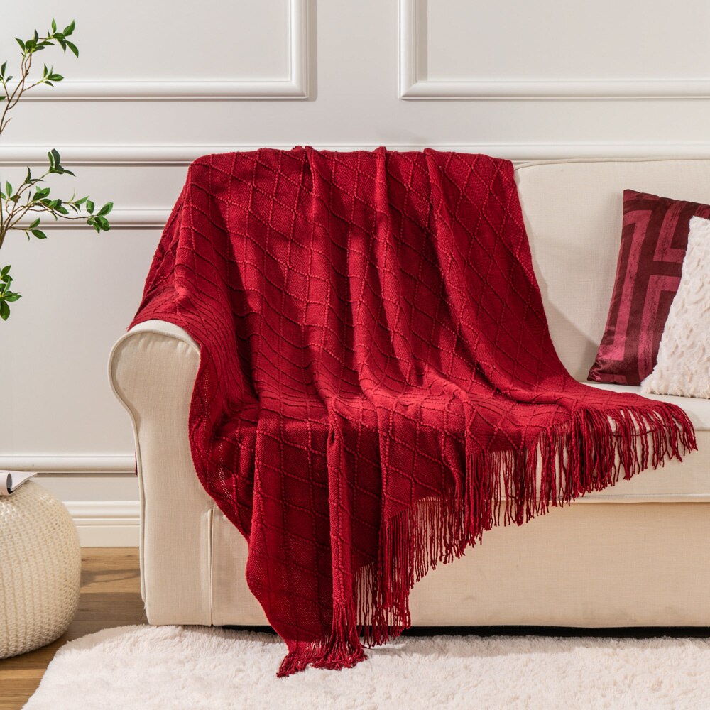 100% Acrylic Knitted Blanket Soft Red Throw Blanket with Tassels Cozy Light Solid Color bedding Blanket