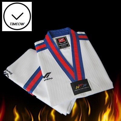 Taekwondo tøj efterår og vinter wtf doboks børn voksen træning uniform 100%  bomuld behagelig blå rød striber krave