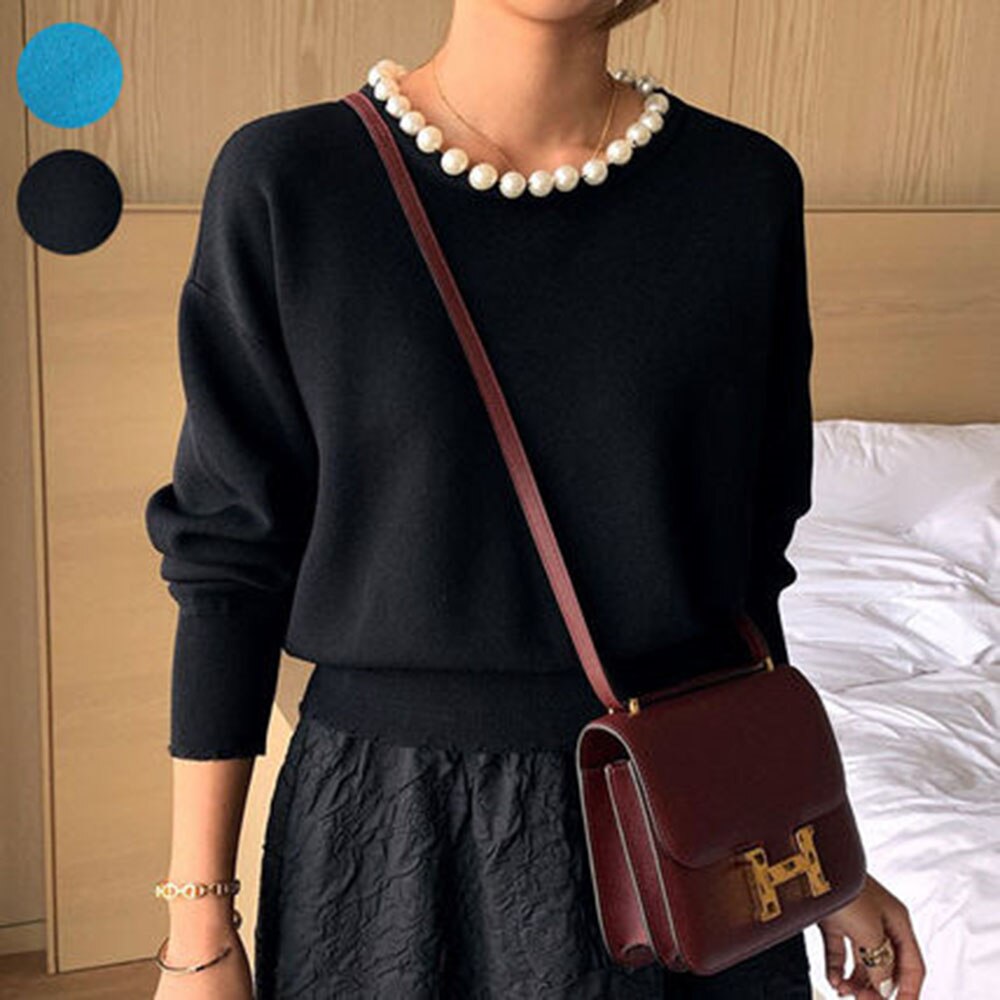 Damestrui o-hals dames breiwerk dames parels dames tops herfststijl dames herfsttrui top: Zwart