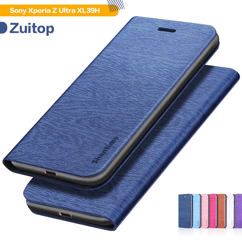 Pu lederen telefoonhoesje met houtnerf voor de sony xperia z ultra  xl39h, flip-book case, zakelijke portemonneehoes, zachte siliconen achterkant