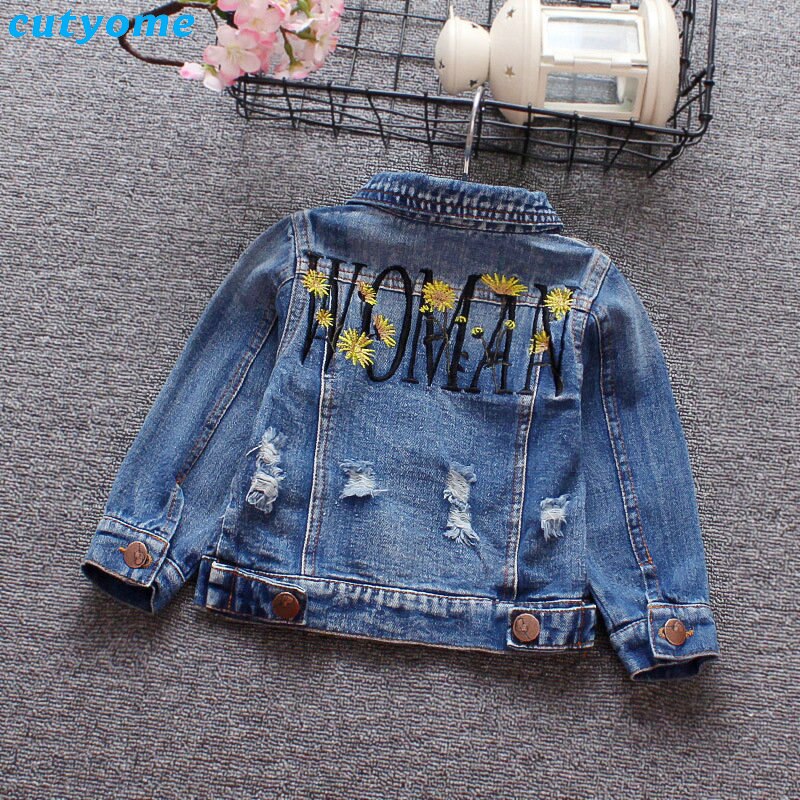 Baby Baby Meisjes Jeans Jas Borduren Bloemen Turn-Down Kraag Ripped Bovenkleding Peuter Pasgeboren Meisje Denim Kleding Jas