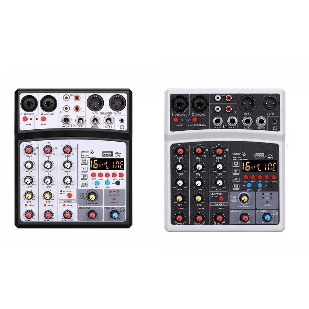 Tragbares mini-audio-dj-mixer-pult mit 4- kanälen, soundkarte, usb , 48v und phantomspeisung für pc-aufnahmen, gesang, webcasts und partys