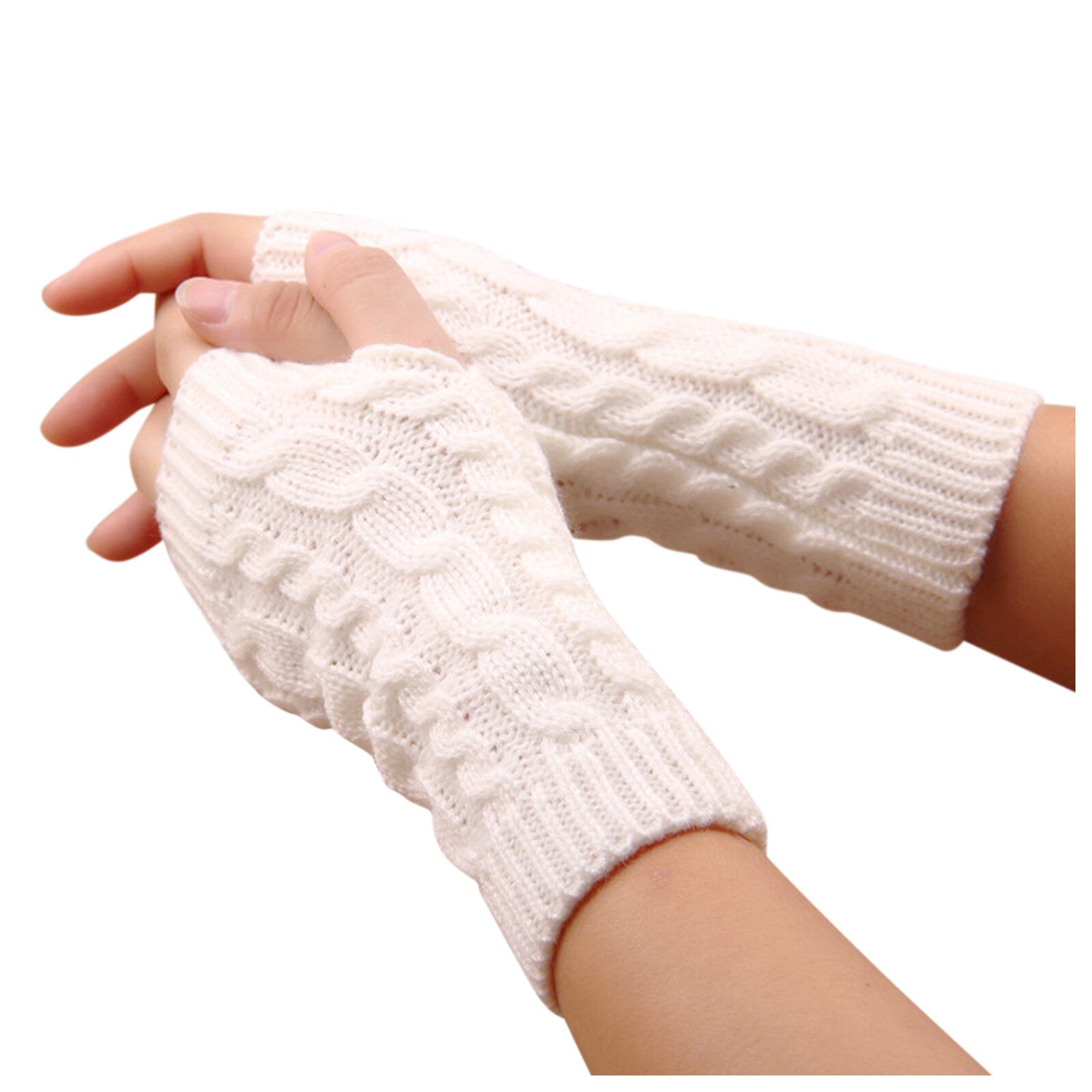 Women Winter Knitted Fingerless Wool Mitten Warm Solid Stretch Half Mitten Lady Knitting Short Cashmere Mittens For Mobile Phone: White