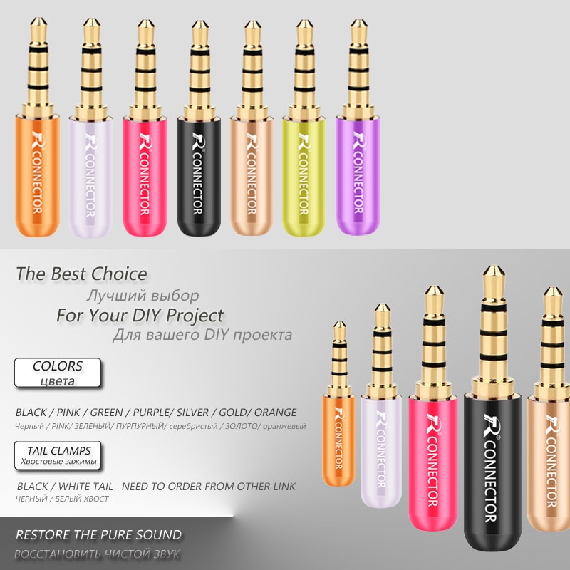 10pcs/lot Aluminum Tube 3.5mm 4 Poles Stereo Connector with Tails Gold Plated Male Plug Audio Jack 3.5mm R Connector