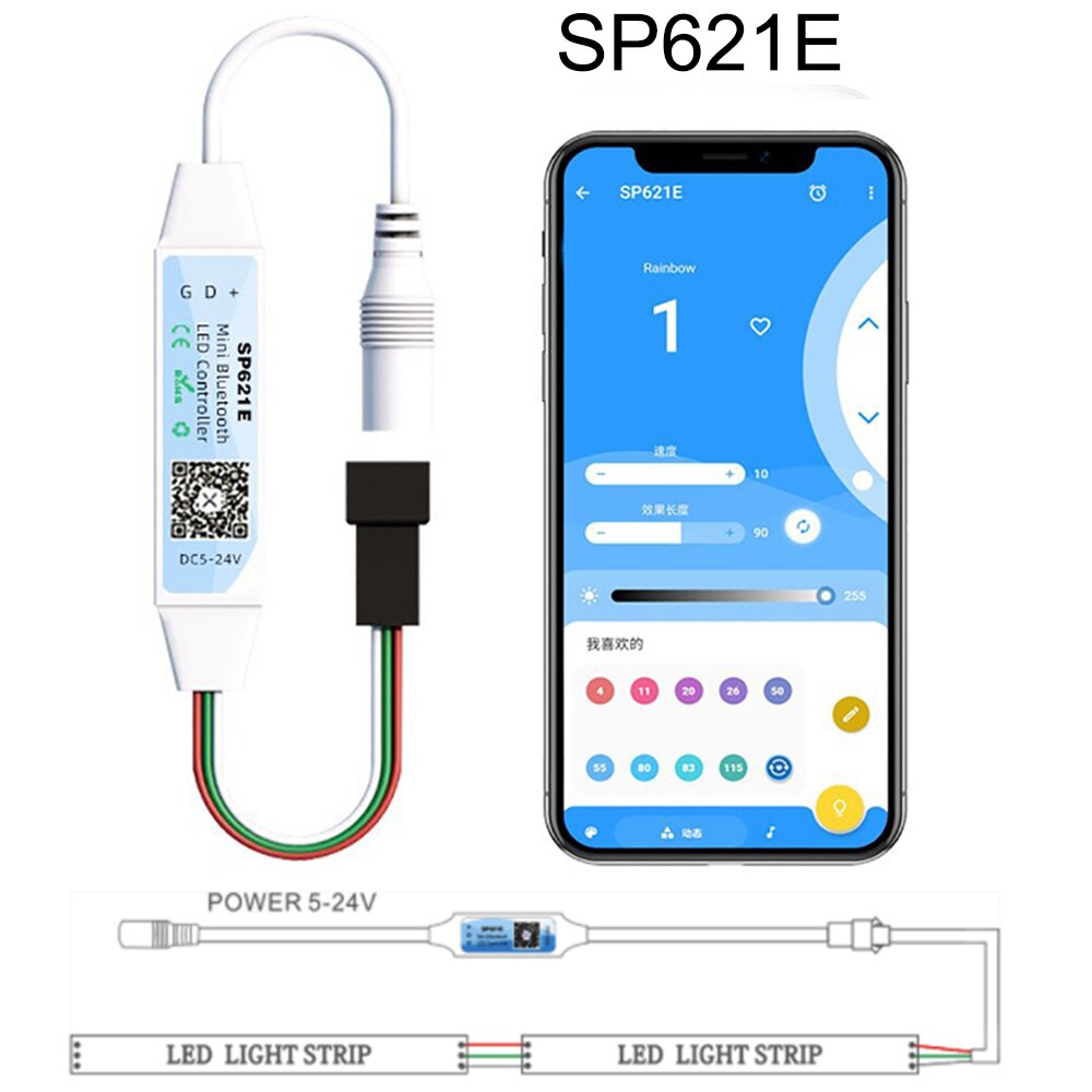 SP621E Bluetooth-compatible Pixel Controller 5.5*2.1mm Power Male For WS2811 WS2812B WS2813 LED Strip DC5~24V Mini Bluetooth LED