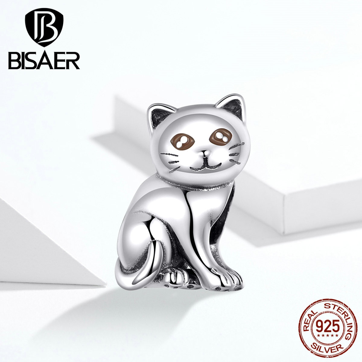 Breloques animaux BISAER 925 argent Sterling chat chatte chaton perles breloques ajustement bracelets porte-bonheur argent 925 bijoux ECC1305