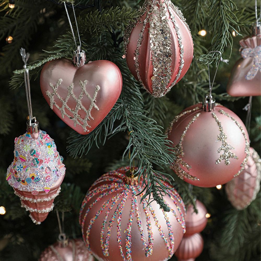 Pink Christmas Balls Pendants Pinecone Ice Cream Xmas Tree Hanging Ornaments Shatterproof Pentagram Merry Christmas Decor