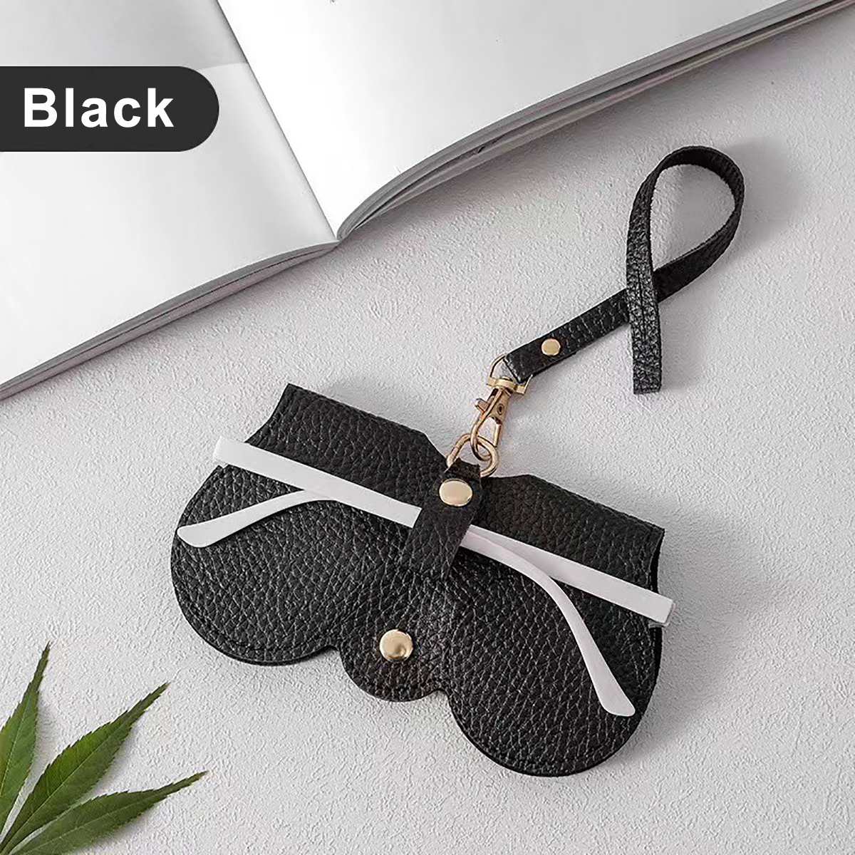 1pc Litchi Reliëf Brillenafdekking Leuke Hangende PU Lederen Zonnebril Leesbril Opbergtas Draagbare Reisbrillenhouder: Black