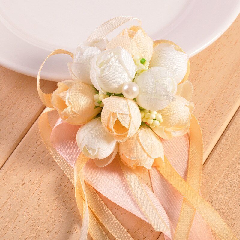 1pc Wrist Flower Rose Silk Ribbon Bride Corsage Hand Decorative Wristband Bracelet Bridesmaid Curtain Band Clip Bouquet: champagne