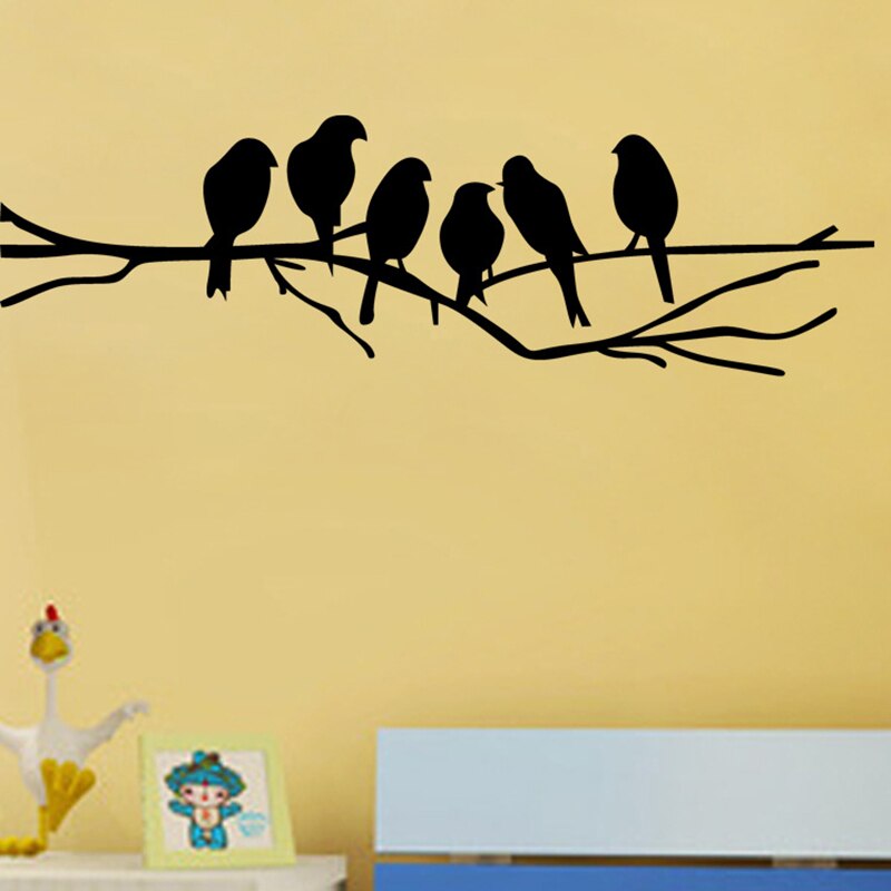 Autocollants muraux oiseaux sur la branche d&#39;arbre, blancs et noirs, pour salon, Stickers artistiques, décoration de maison, fresques amovibles: Black