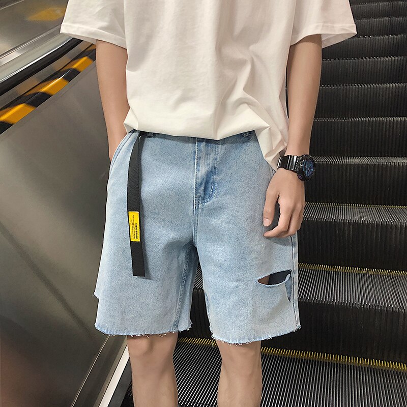 Lappster sommar herr gratis bälte hål jeans shorts herr streetwear hip hop jeansshorts fritidsmode harajuku joggingbyxor: Ljusblå / L