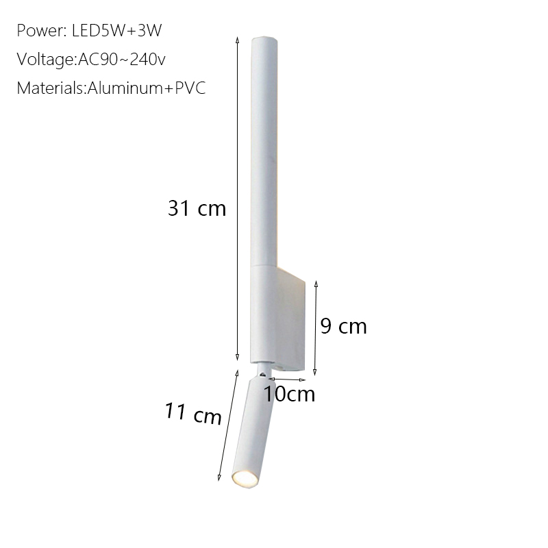 Lámpara Led nórdica para mesita de noche, candelabro de pared minimalista escandinavo para Hotel, sala de estudio, lámpara de lectura, luces giratorias montadas en la pared, blanco: Blanco natural (3.500-5.500 K) / Blanco