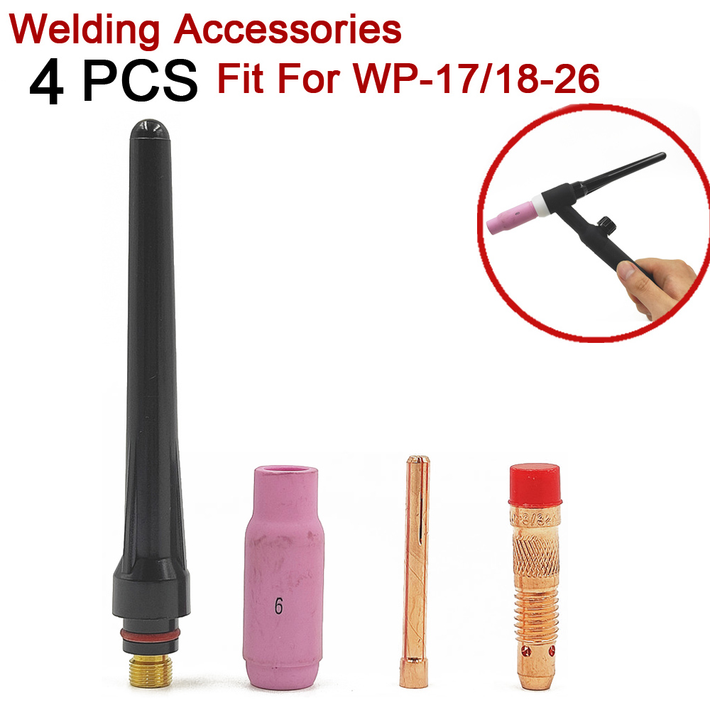 4Pcs TIG Welding Torch Consumable #6 Ceramic Nozzle Tungsten Tig Collet Body Long Back Cap For WP17 WP18 WP26 Accessories