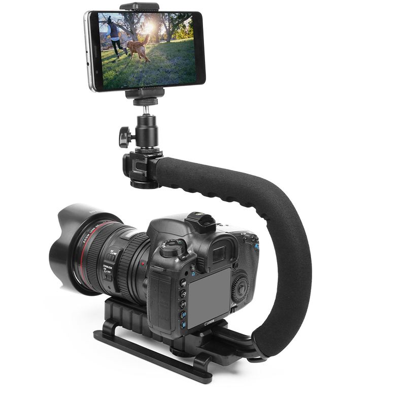 Camera Handle Grip Stabilizer - Single Handheld Mount Adapter - 3 Hot Shoe Mounts - for DSLR SLR