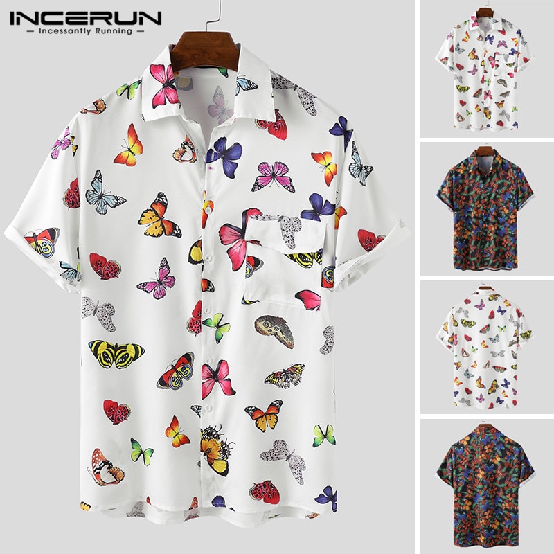 INCERUN homme motif papillon imprimé chemise été hommes manches courtes revers chemises décontractées amples confortable Blusas Hombre hauts 3XL