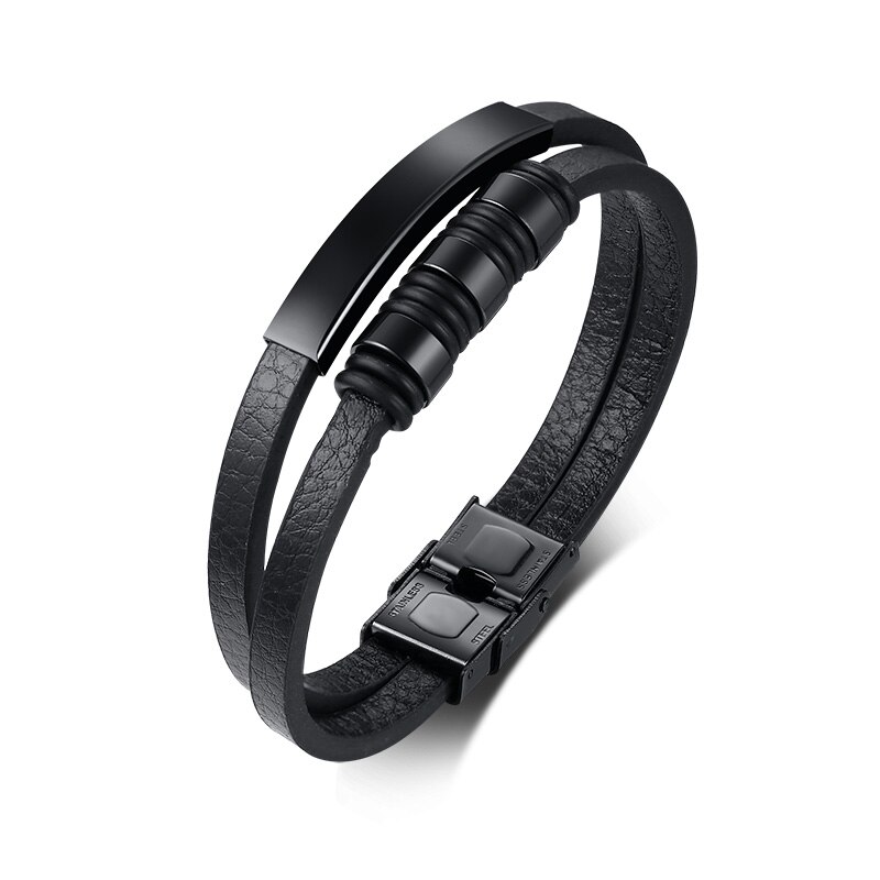 Mannen Lederen Armbanden Met Zwarte Kralen Charm Bangle Gelaagde Polsband Streetstyle Toevallige Mannelijke Sieraden: Black / No Custom