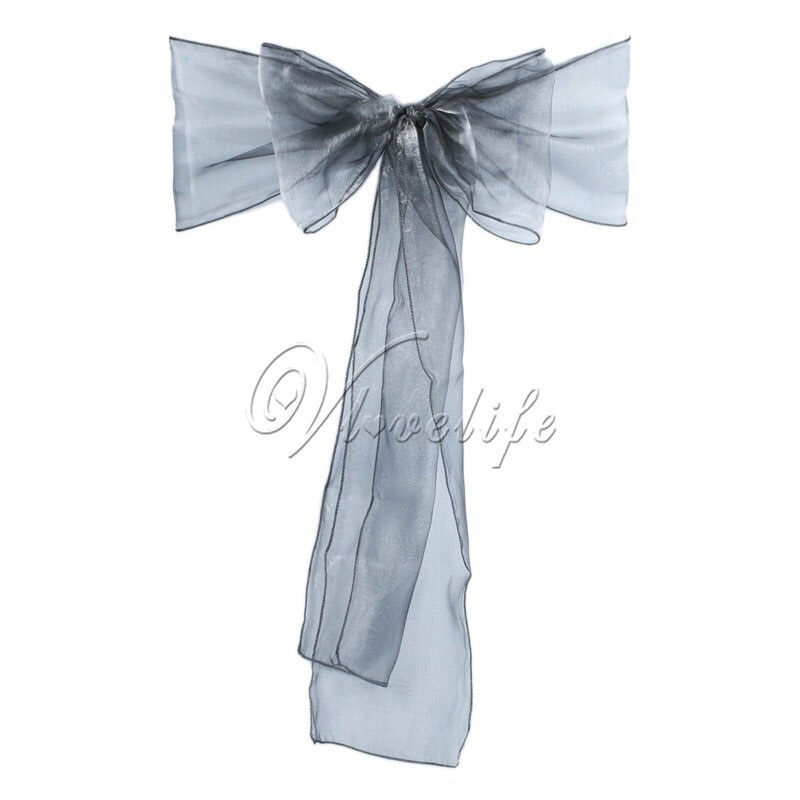 100pcs Chair Sashes Organza Chair Bows Wedding Party Supplies Christmas Valentines Decor Sheer Organza Fabric Chair Decoration: Silver
