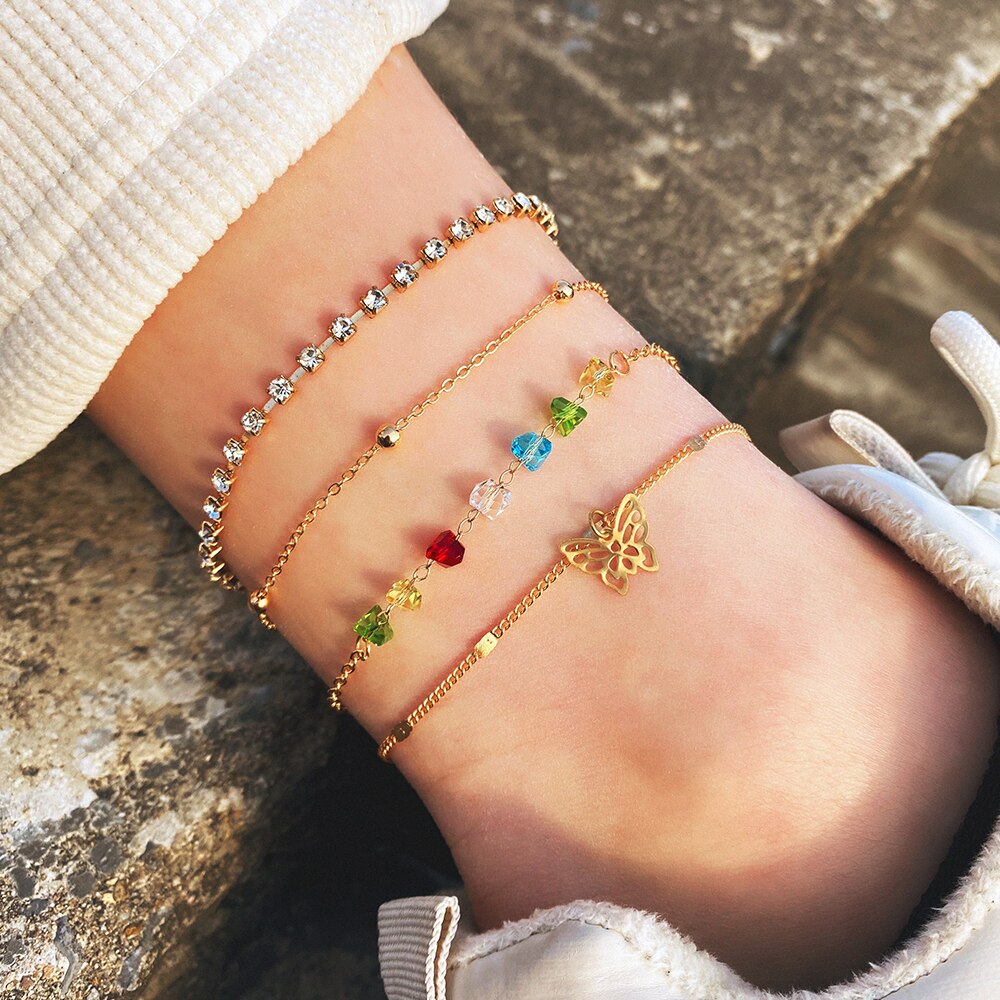 ZHESHY Enkelarmbanden voor dames, meerlagig verstelbaar, enkelketting, kralen, 18 karaat, verguld, met hart, kruis, glitter, CZ accessoires, zomer, ketting, sieraden, dames, meisjes, 21 centimètres