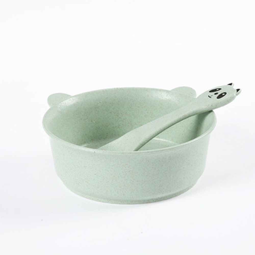 1pcs Baby Feeding Food Tableware Cartoon Panda Kids Dishes Baby Eating Dinnerware Set Wheat Stalk Anti Training Bowl Spoon: Green