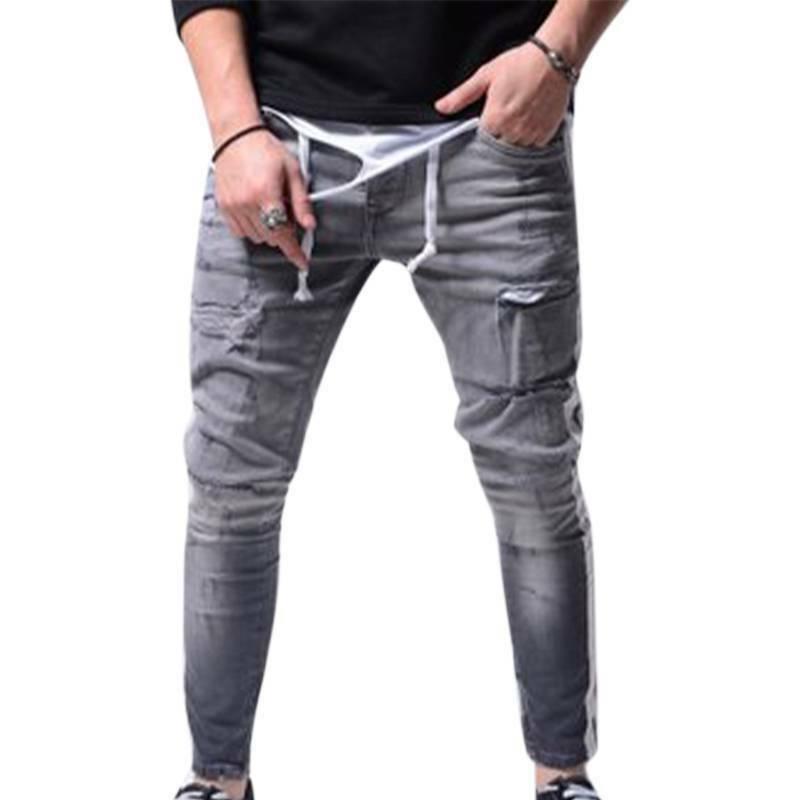 Hommes déchiré pantalon jean coupe mince Denim pantalons longs poche trous décontracté été hommes jean: grey / S