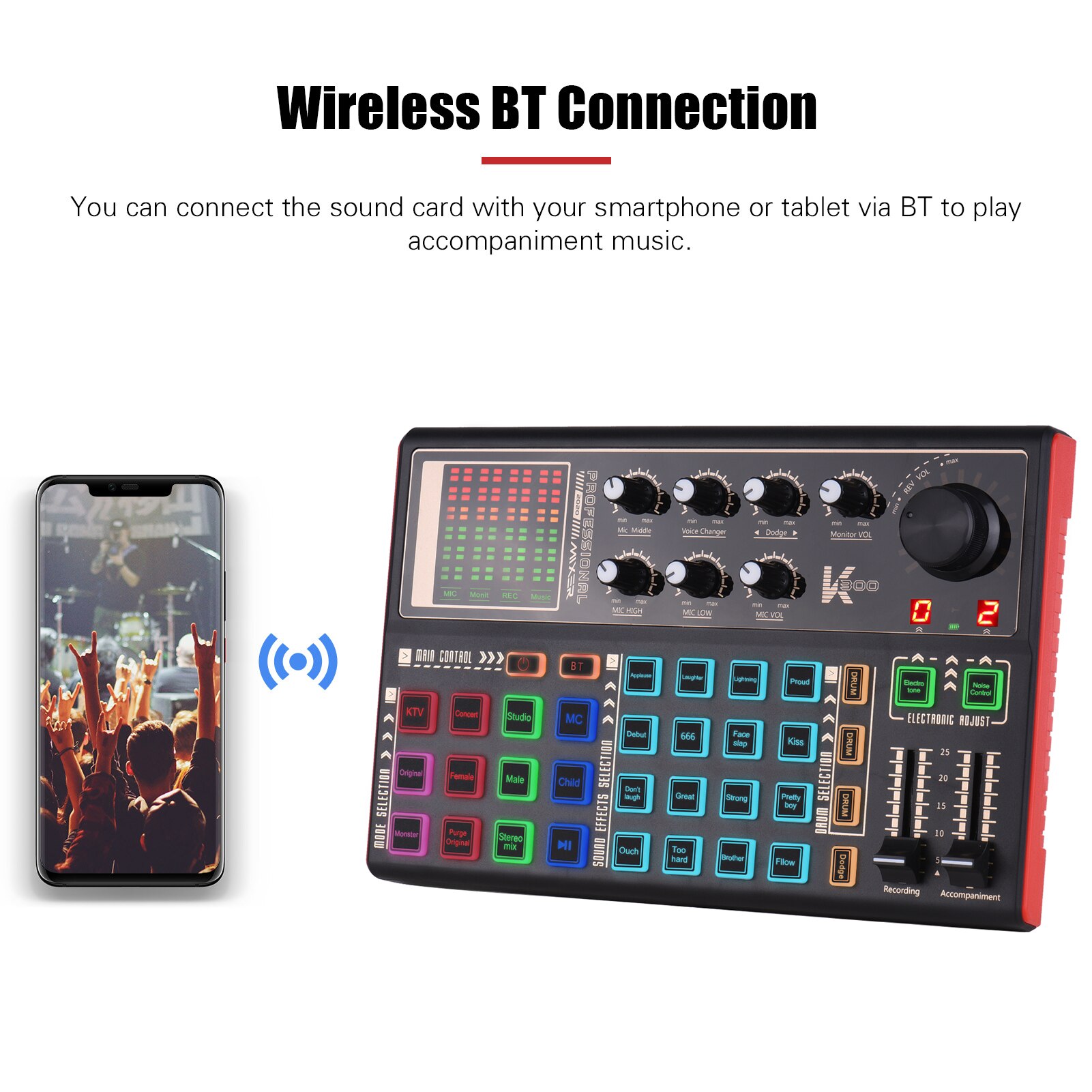 Muslady SK300 Live Sound Card External Voice Changer Audio Mixer Built-in Rechargeable Battery Multiple Sound Effects for Live