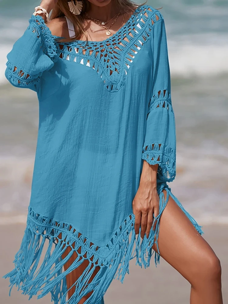 Bohemian Handmade Crochet Fringe Party Dress Dance Wear Sexy Summer Pareo Short Dresses Ladies Fringe In: Blue
