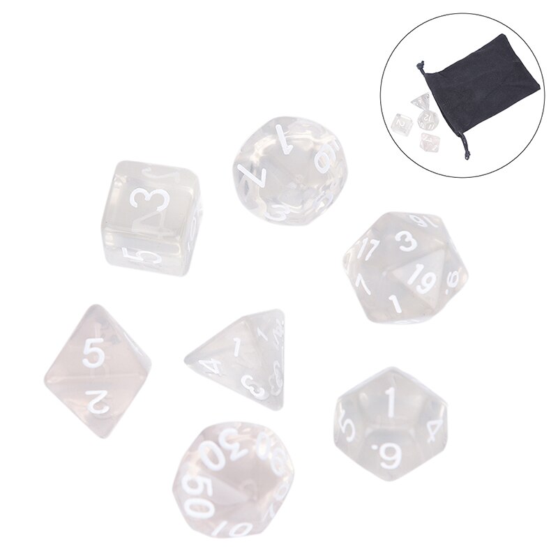 7pcs/lot White Polyhedral Transparent Dices Multi-side With Cloth Bag For Game