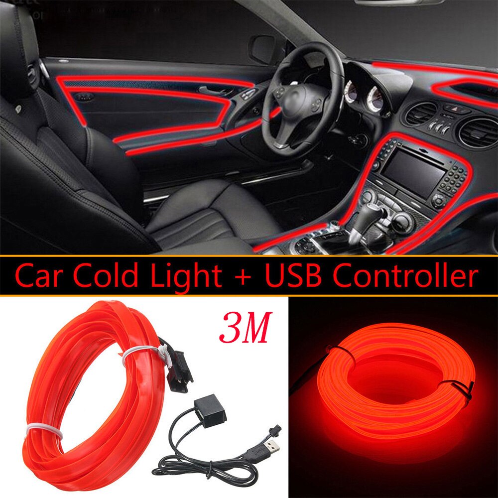 5V Car LED Interior Neon Light EL Wire String Strip Decal USB Control Accessory