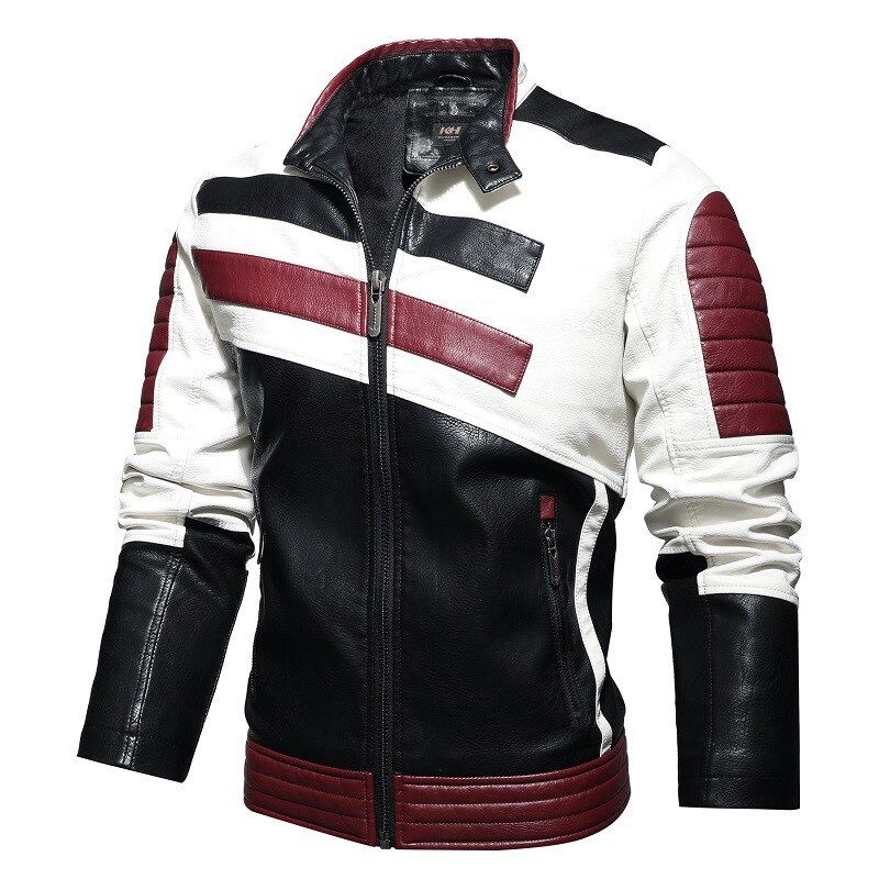 Giacca da moto in pelle cappotto invernale spesso colletto in piedi lavato giacche da moto tempo libero moda abbigliamento in pelle per uomo: Rosso / xxxxl