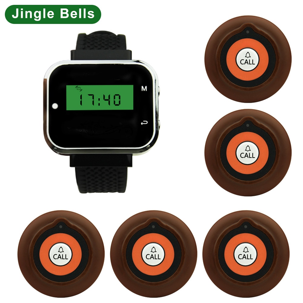 JINGLE BELLS Hotel Cafe call buttons wireless restaurant calling bells 5 transmitters+1 watch pager waiter calling systems