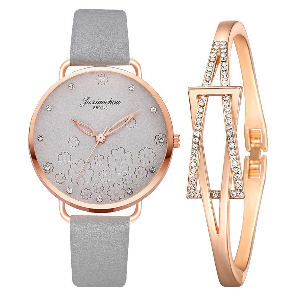 Frauen Diamant Uhr Blumen Runden Zifferblatt Armbinde Uhren einstellen Damen Leder Band Quarz Armbanduhr Weibliche Uhr Zegarek Damski: 2Stck grau