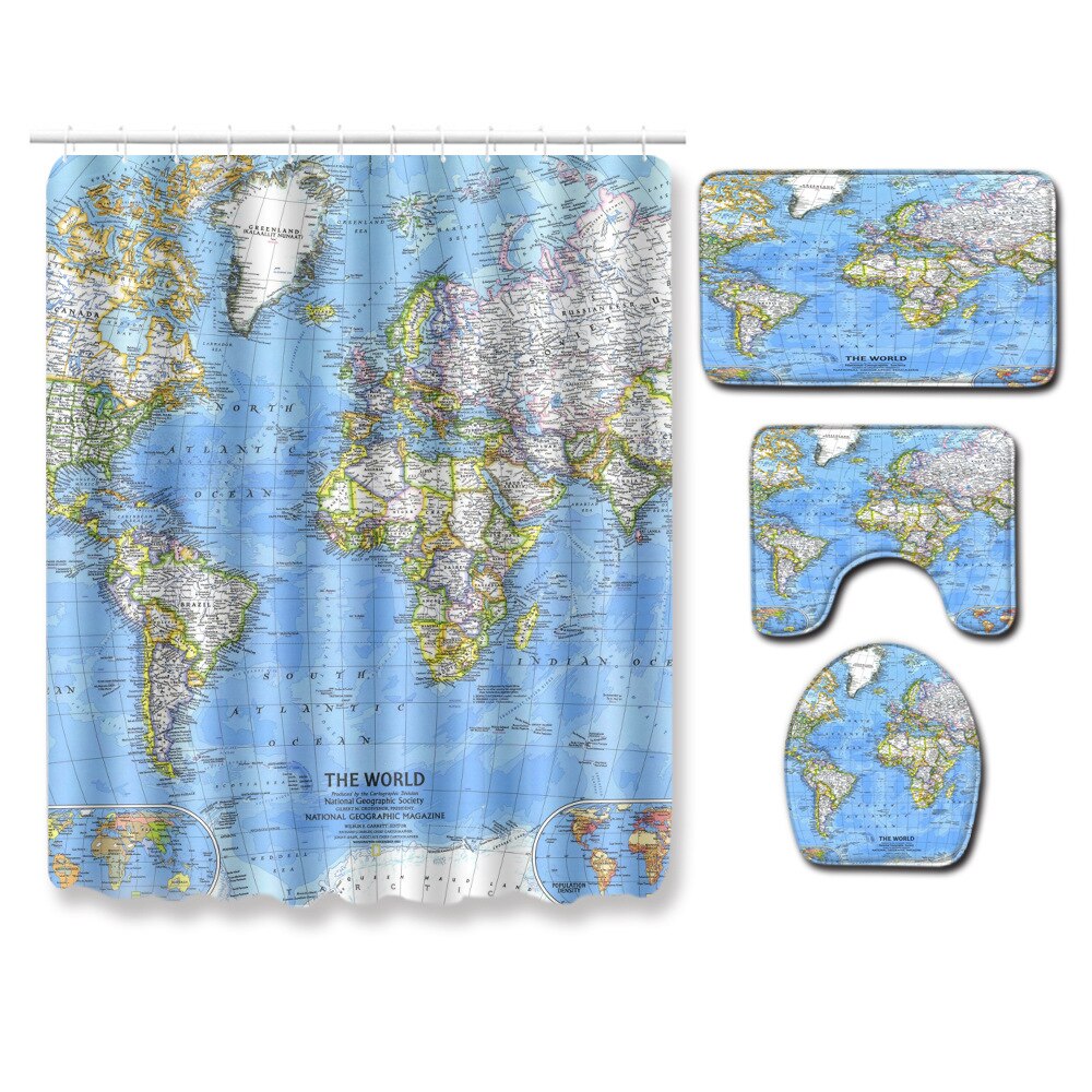 Classic World Map Pattern Shower Curtain Printing Bathroom Curtain Shower Wall-mounted Map Curtain World Map Shower Curtain