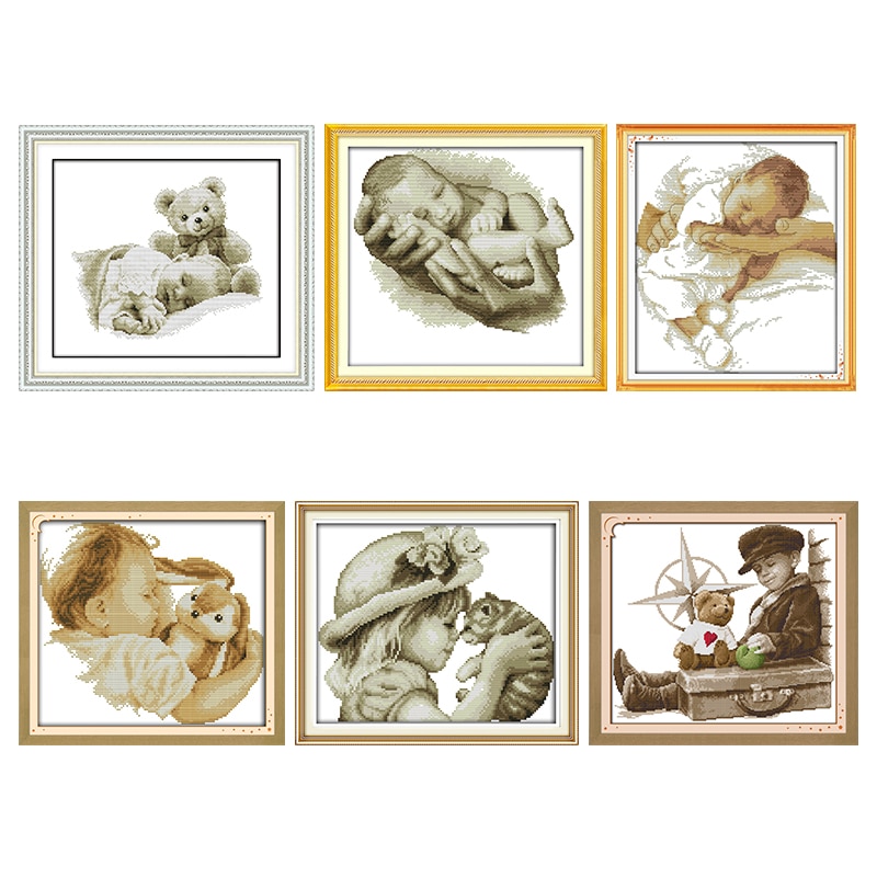 Kits de costura de bordado de punto de cruz estampado, patrones de bebé y su muñeca, 11CT, 14CT, artesanía de hilo contado impresa, conjunto de decoración del hogar