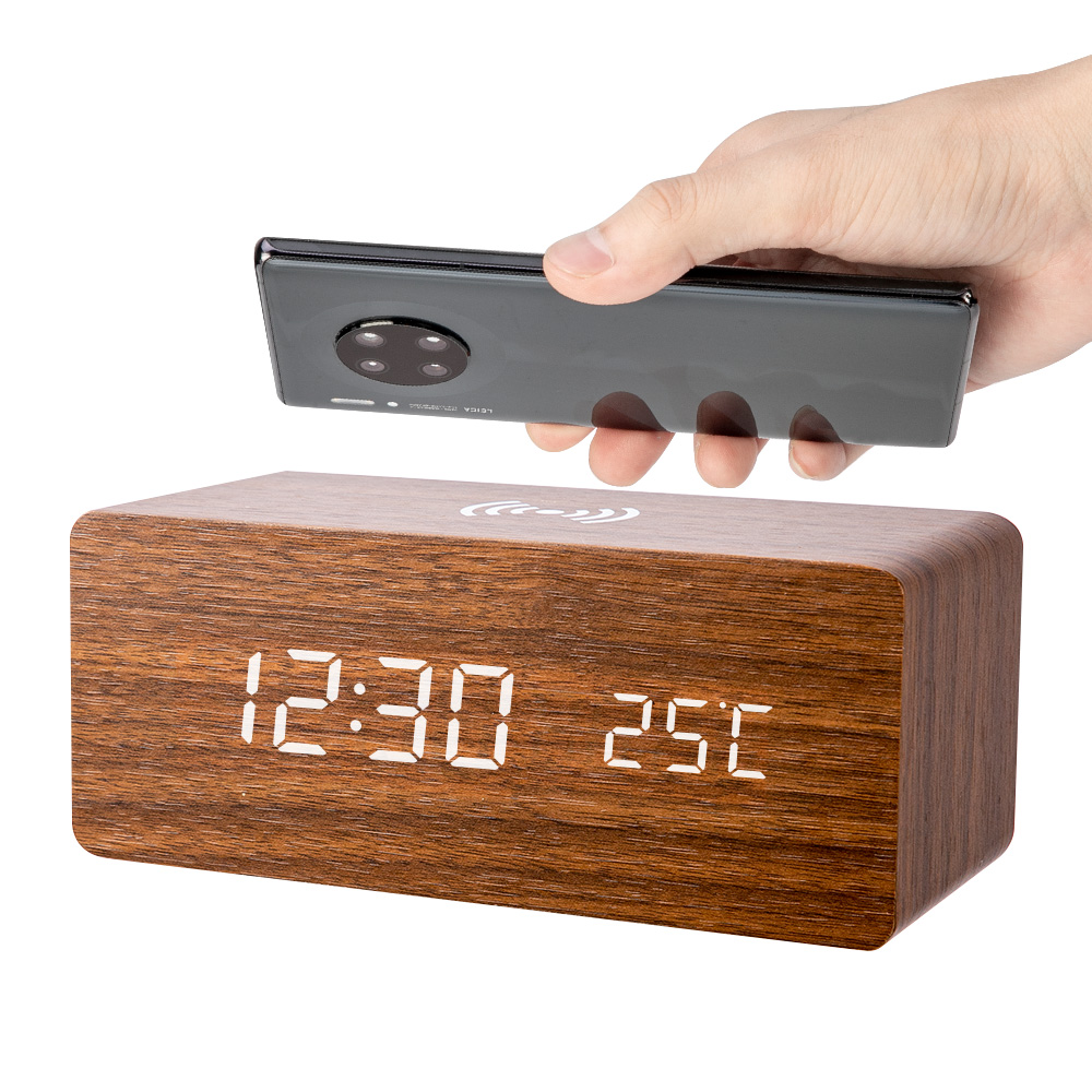 Wooden Alarm Clock With Qi Wireless Charging Pad Compatible With For Iphone Samsung Wood Led Digital Clock Sound Control Funct