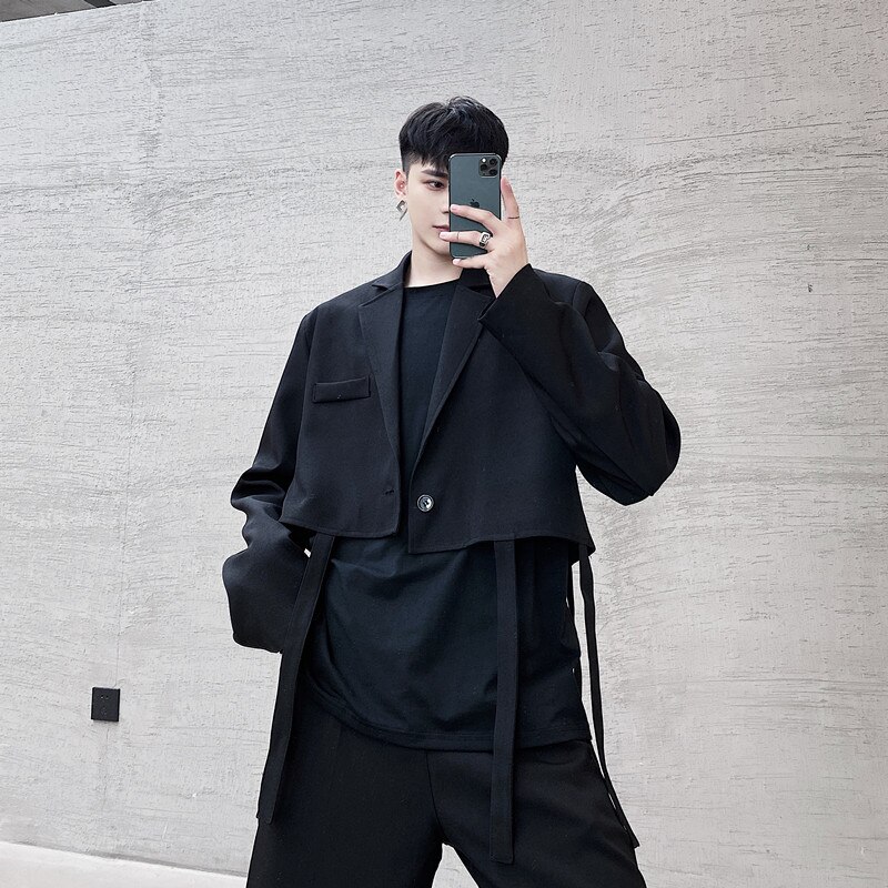 Men Removable Hem Loose Casual Suit Blazers Jacket Male Streetwear Vintage Suit Coat Outerwear