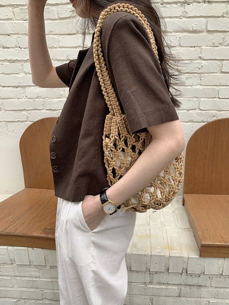 Zomer Holle Geweven Schoudertas Effen Kleur Lichtgewicht Casual Wild Emmer Purse Handtas Met Innerlijke Trekkoord Zak