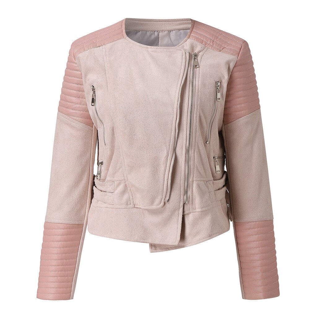 Jaqueta de couro feminina, couro vintage, com zíper, curta, simples, fina, casaco retrô, para motocicleta: Rosa / L