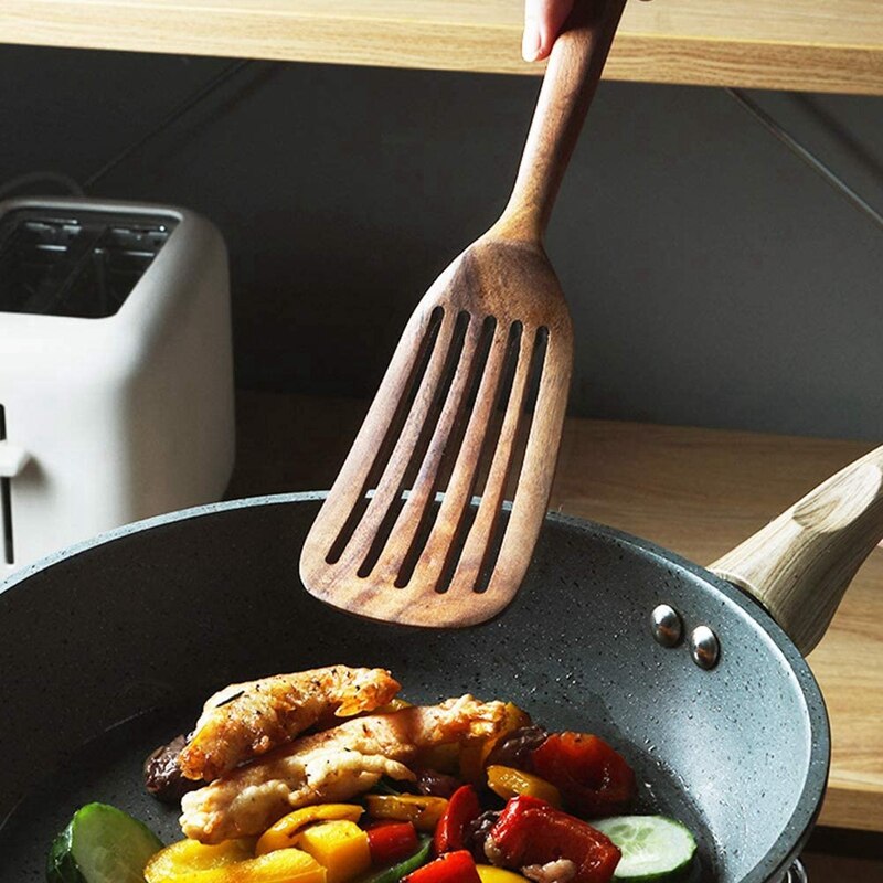 Houten spatel, houten wokspatel voor koken, handvat vierkante kop premium acacia houten keukenset